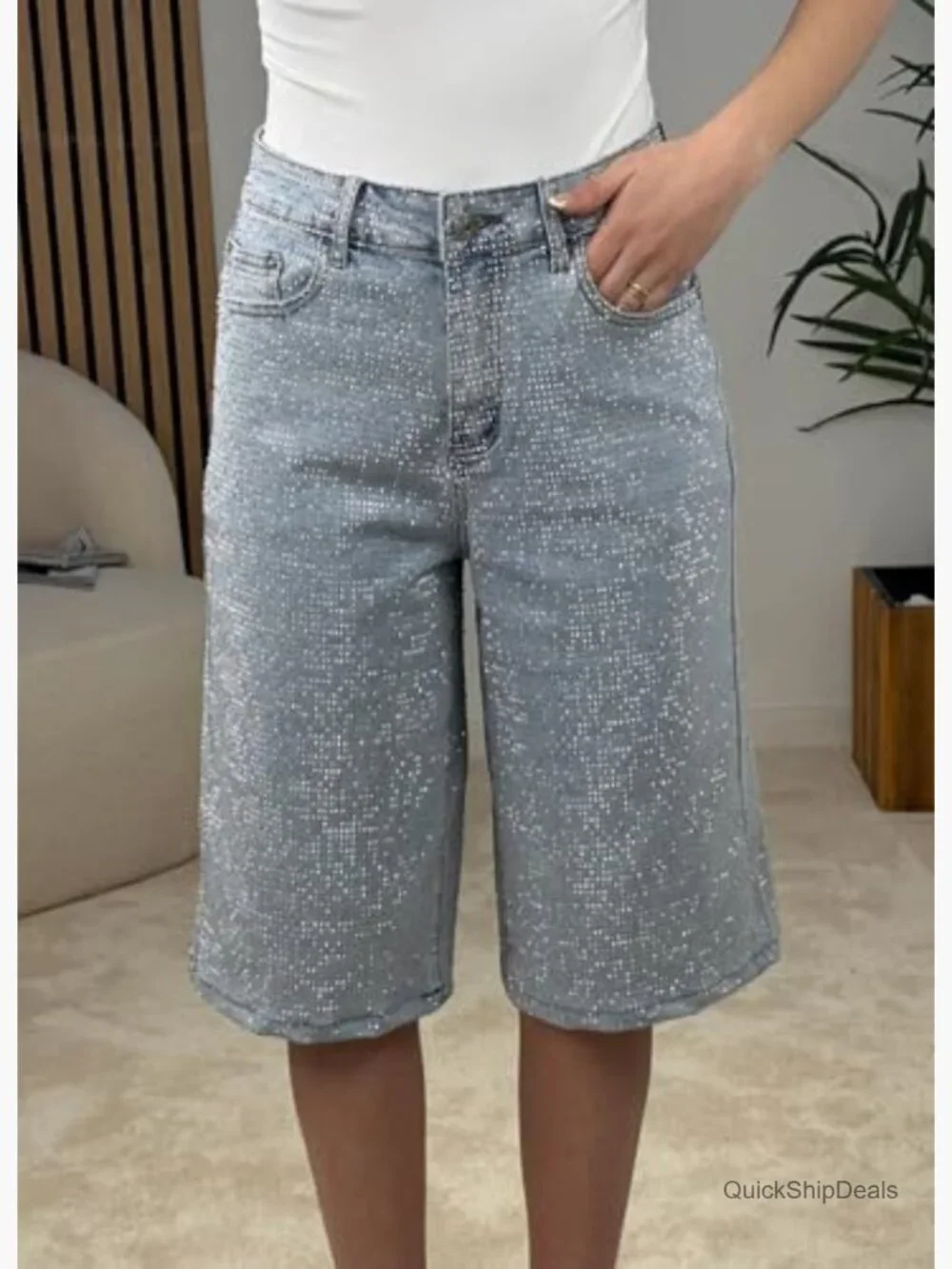 High Waisted Rhinestone Straight Leg Jean Shorts Baggy Denim Jorts